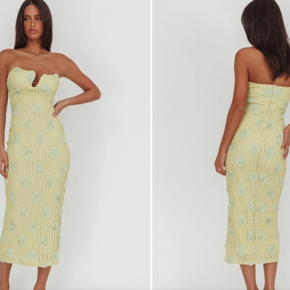 Horizon Strapless Textured Floral Midi Dress Green